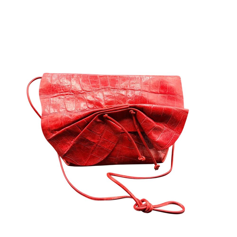 Carlos Falchi Red Leather Croc Embossed Drawstring Clutch Crossbody